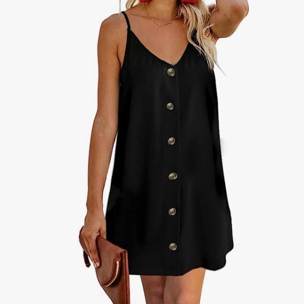 Summer Spaghetti Strap Button Down V Neck Sleeveless Casual Mini Dress